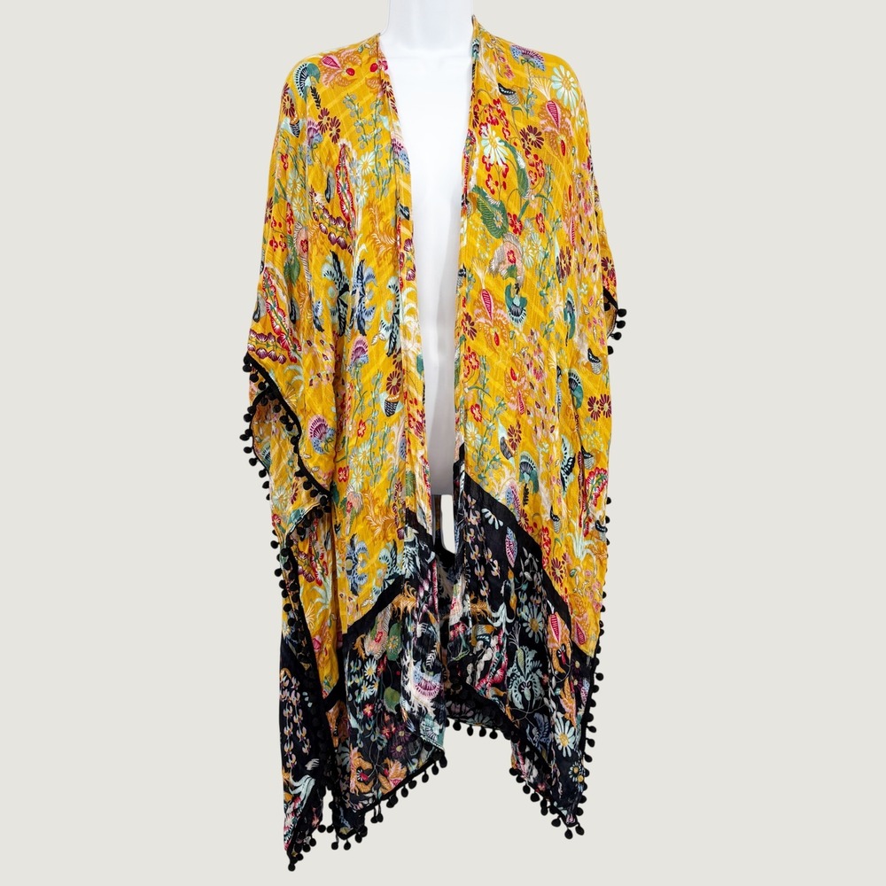Macchia di‎ Ruggine Womens Mustard Yellow Floral Pom Pom Boho Artsy Kimono OS